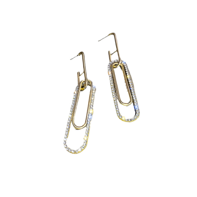 Slim gold paper clip earrings with brilliant diamond inlay