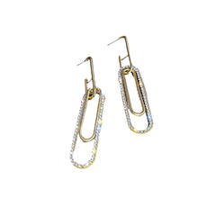 Slim gold paper clip earrings with brilliant diamond inlay