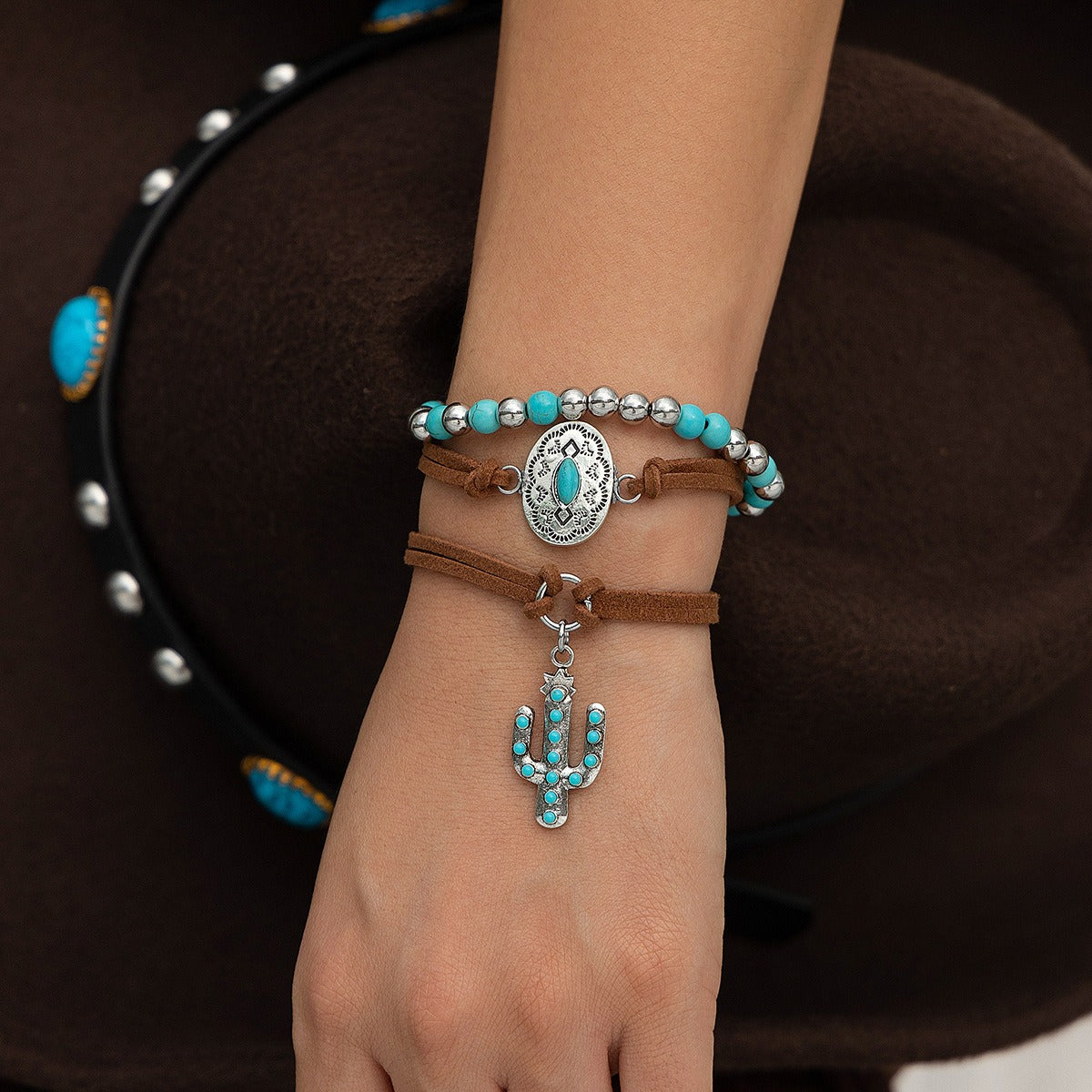 S925 silver cactus bracelet set with imitation turquoise tag