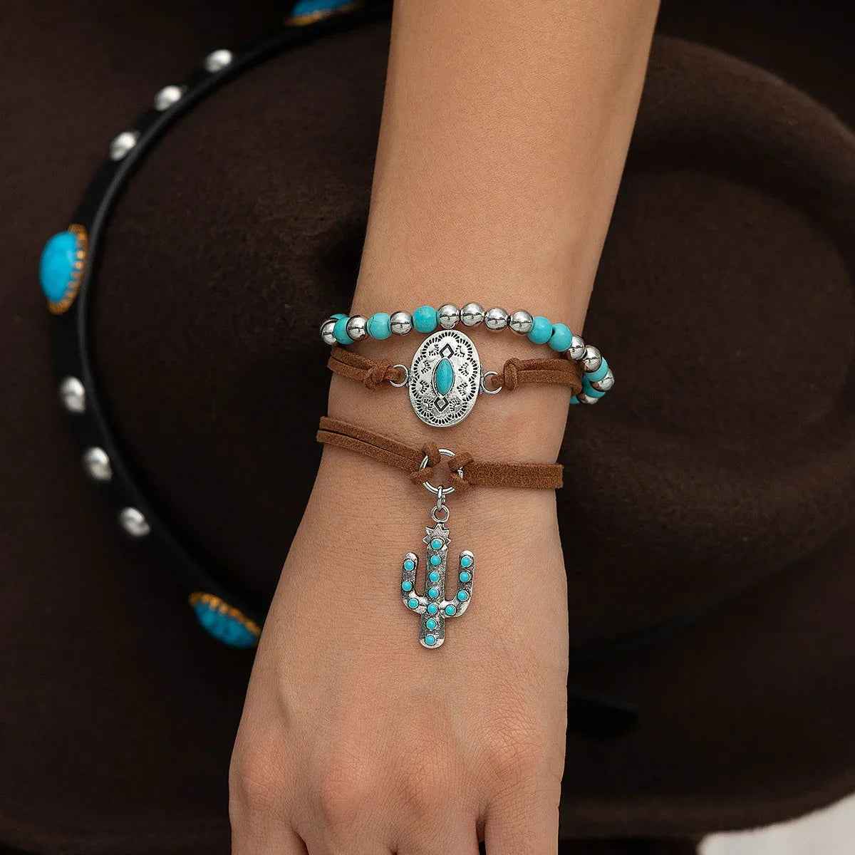 Cactus Tag Bracelet Set – S925 Silver with Imitation Turquoise Design