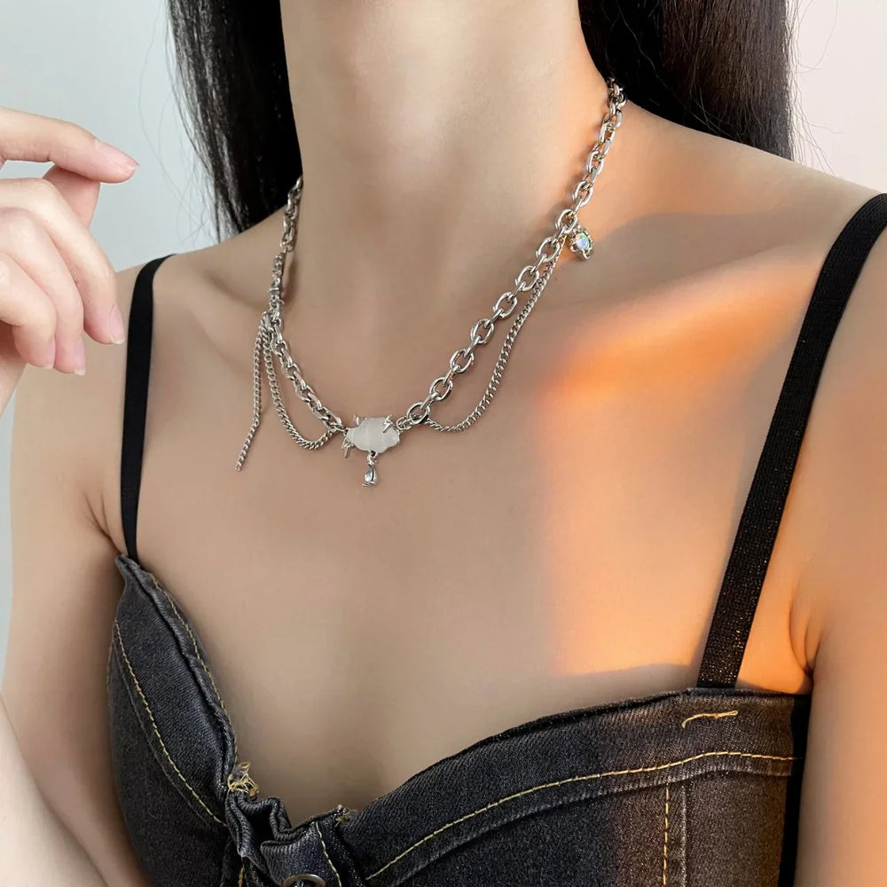 Celestia Cloud Pendant Necklace – Titanium Steel with Moonstone Tassel - Argesteel