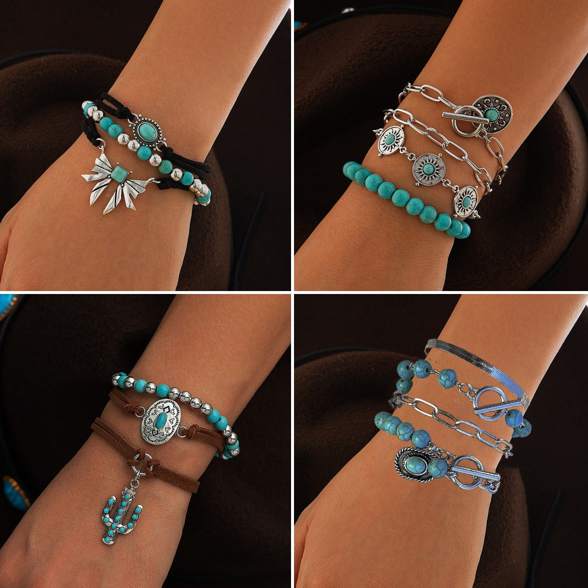 Silver bracelet set with cactus and turquoise accents