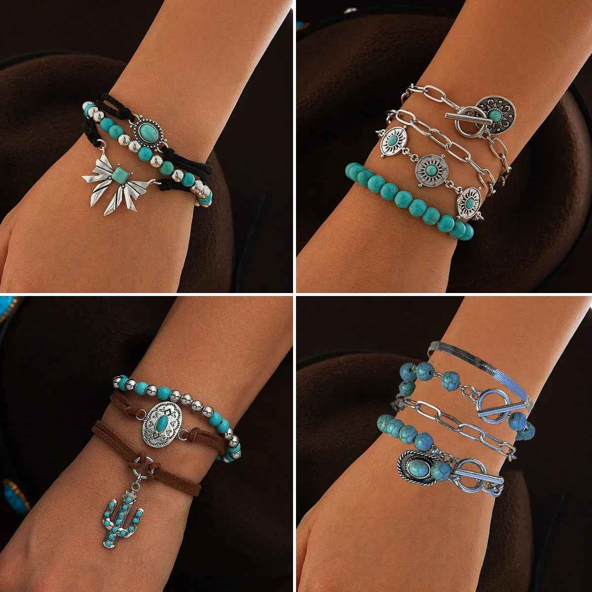 Cactus Tag Bracelet Set – S925 Silver with Imitation Turquoise Design