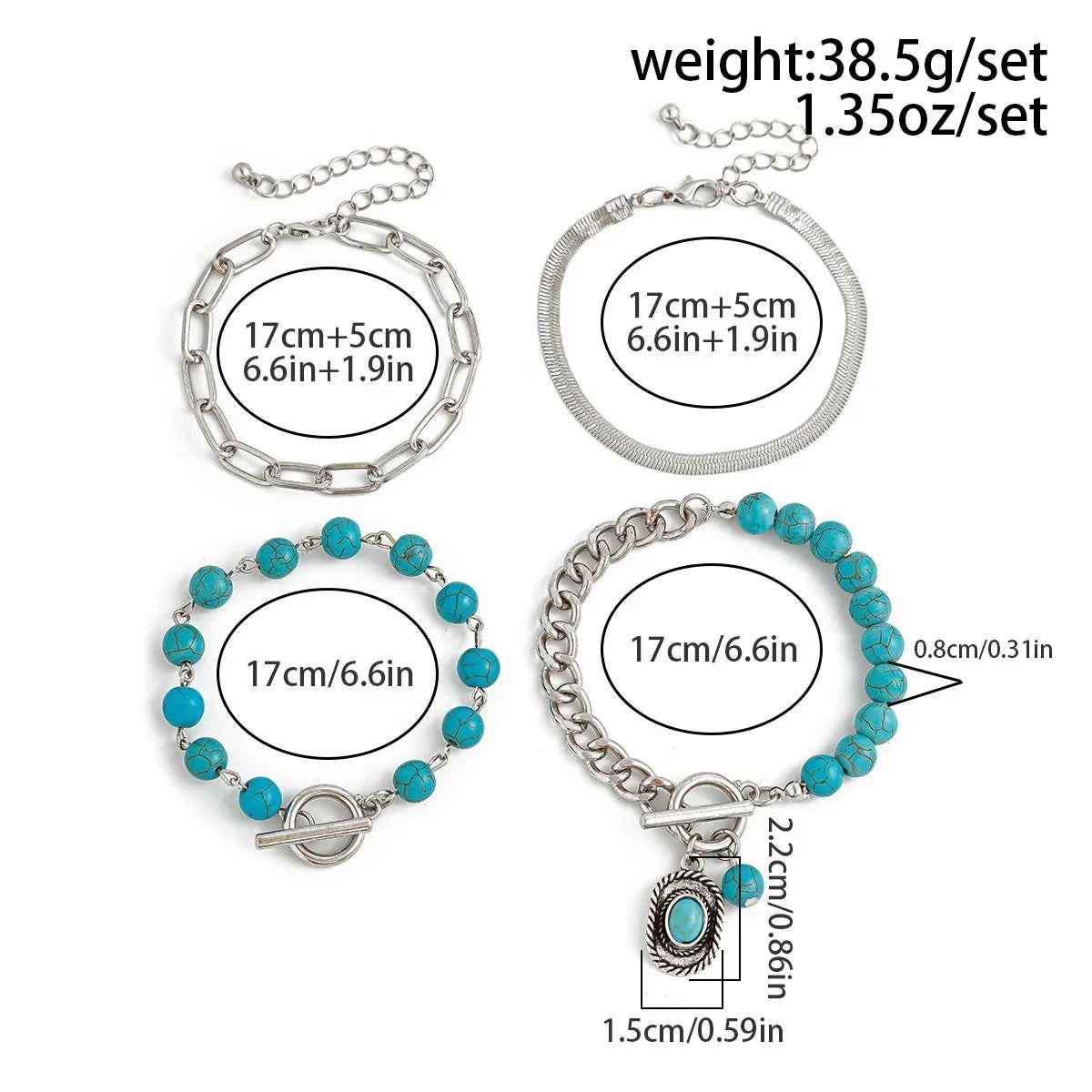 Cactus Tag Bracelet Set – S925 Silver with Imitation Turquoise Design