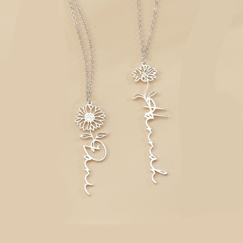Eternal Bloom – S925 Silver Birthday Flower Customizable Name Necklace