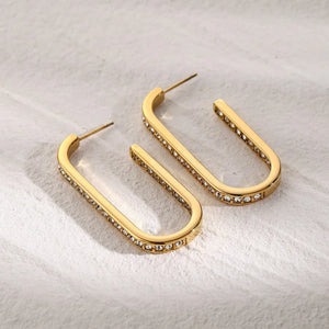Radiant Curve – 18K Gold U-Shaped Earrings with Diamond Inlay