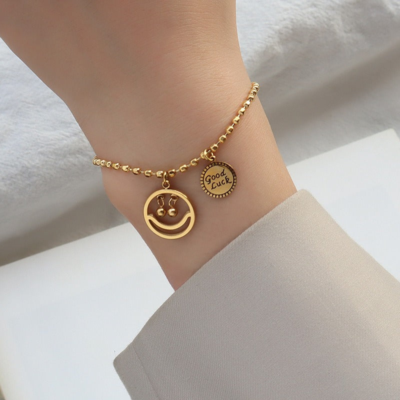 Lucky Vibes Bracelet – 18K Gold Smiley Face and GOOD LUCK Engraving