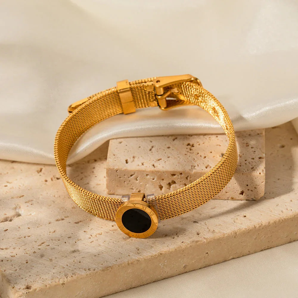 Timeless Noir – 18K Gold Roman Watch Band Bracelet with Black Gemstone