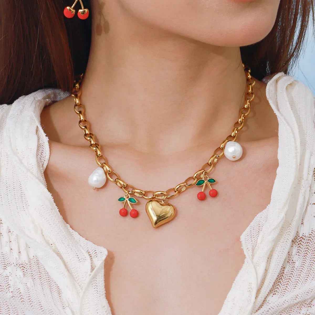 Heart Cherry Pearl Necklace - Elegant 18K Gold Romantic Jewelry