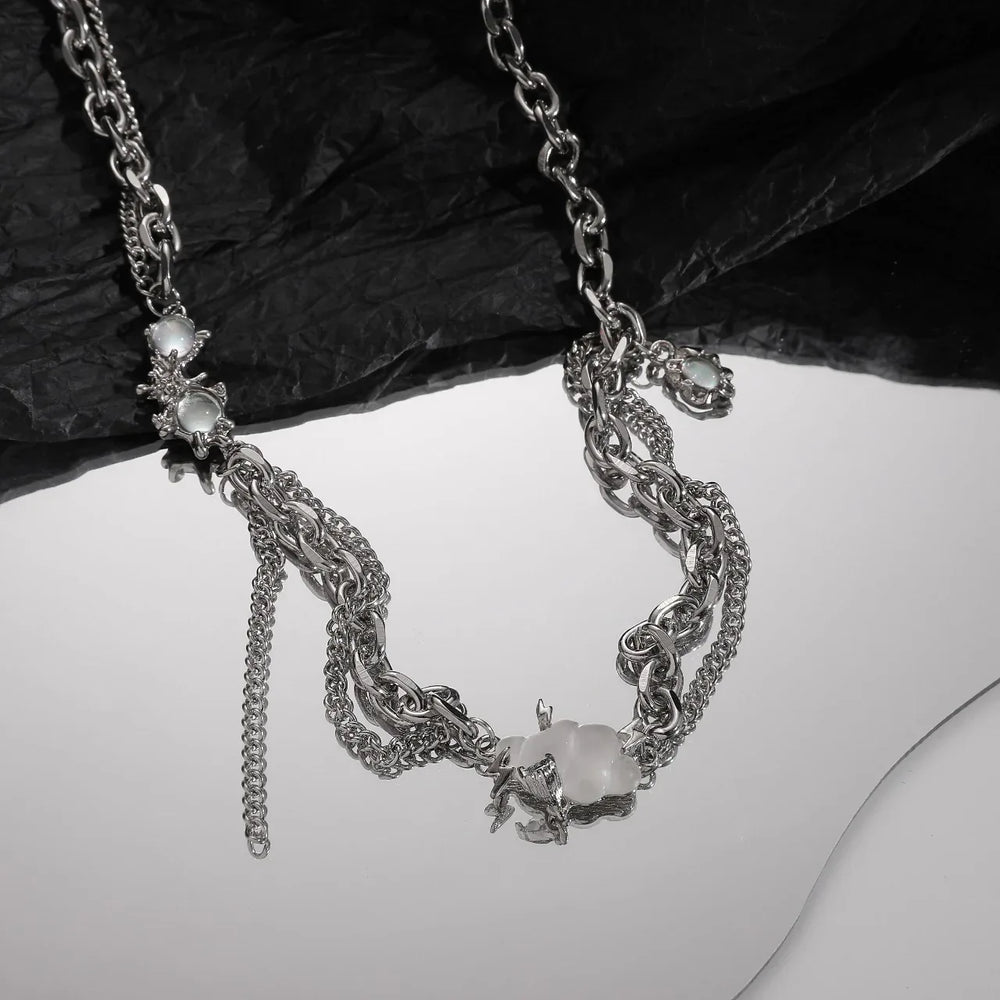 Celestia Cloud Pendant Necklace – Titanium Steel with Moonstone Tassel - Argesteel