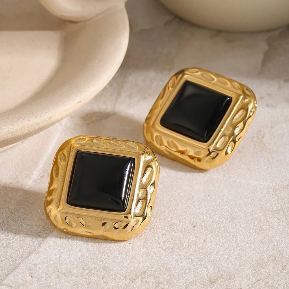 Regal Form – 18K Gold Hammered Square Earrings with Gemstone Inlay