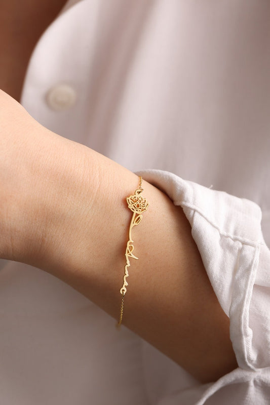 Customized Birth Flower Name Bracelet for Women - Argesteel