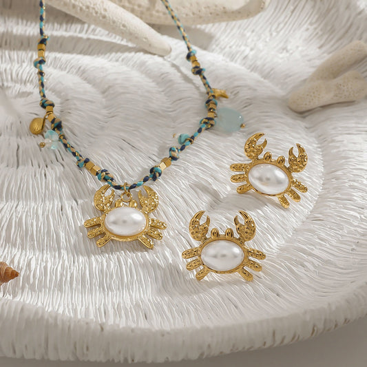 Crab Pearl Set Earrings Necklace Bracelet – 18K Gold Plated Marine | Argesteel