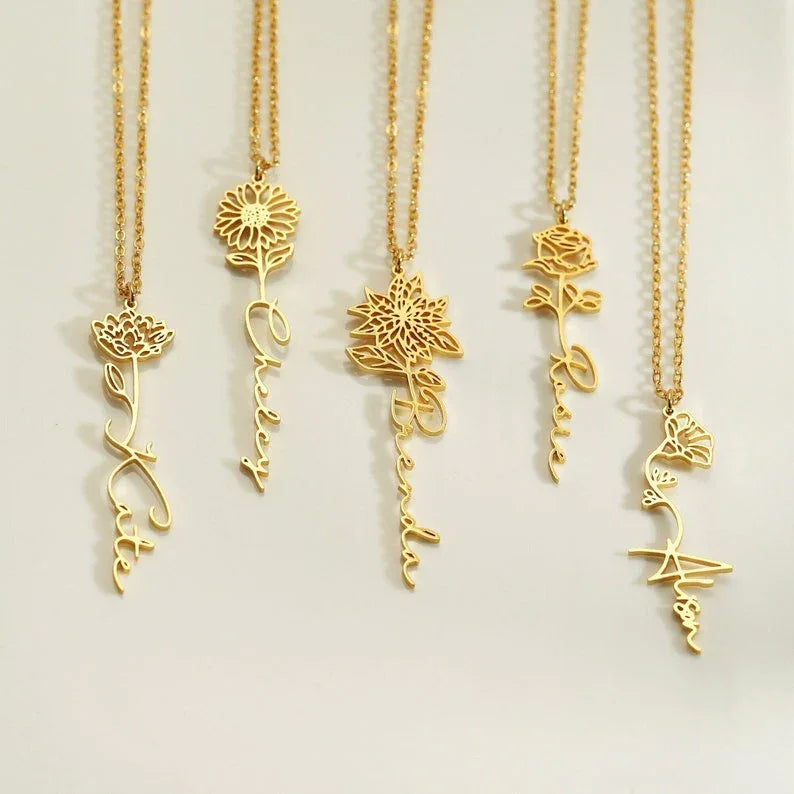 Side profile of silver flower pendant showing engraved personalization