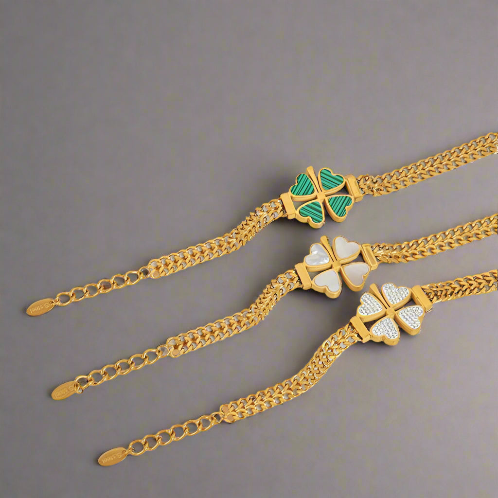 Lucky Bloom Bracelet – 18K Gold Four-Leaf Clover Design with Gemstone Inlays