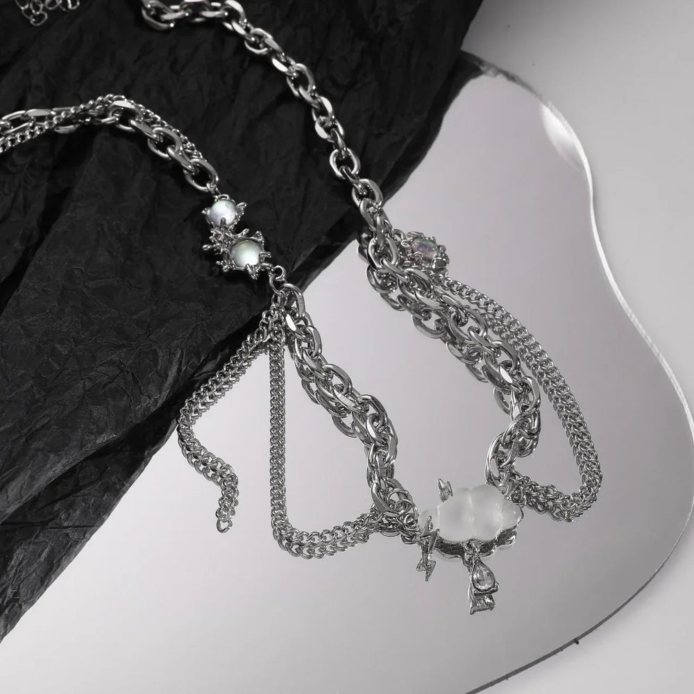 Celestia Cloud Pendant Necklace – Titanium Steel with Moonstone Tassel - Argesteel