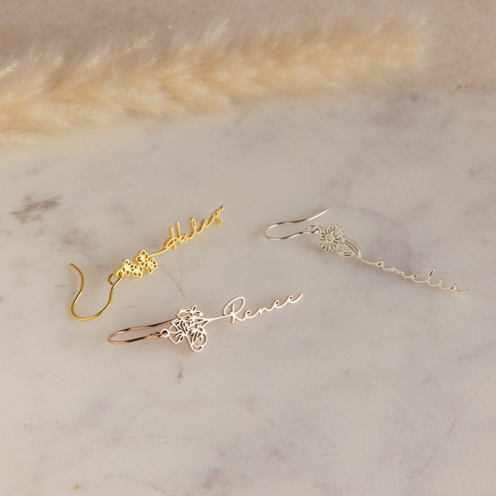 Custom Birth Flower Name Earrings – Luxury Personalized | Argesteel