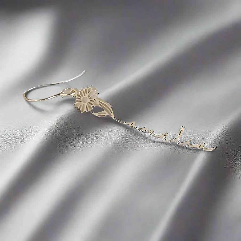 FloraName Custom Birthday Flower Name Earrings – Elegant Personalized Gift for Her