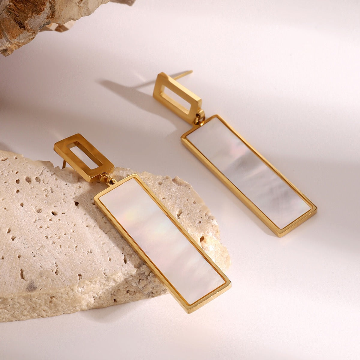 Luxe Line Earrings – 18K Gold Rectangle Drop with Gemstone Inlay