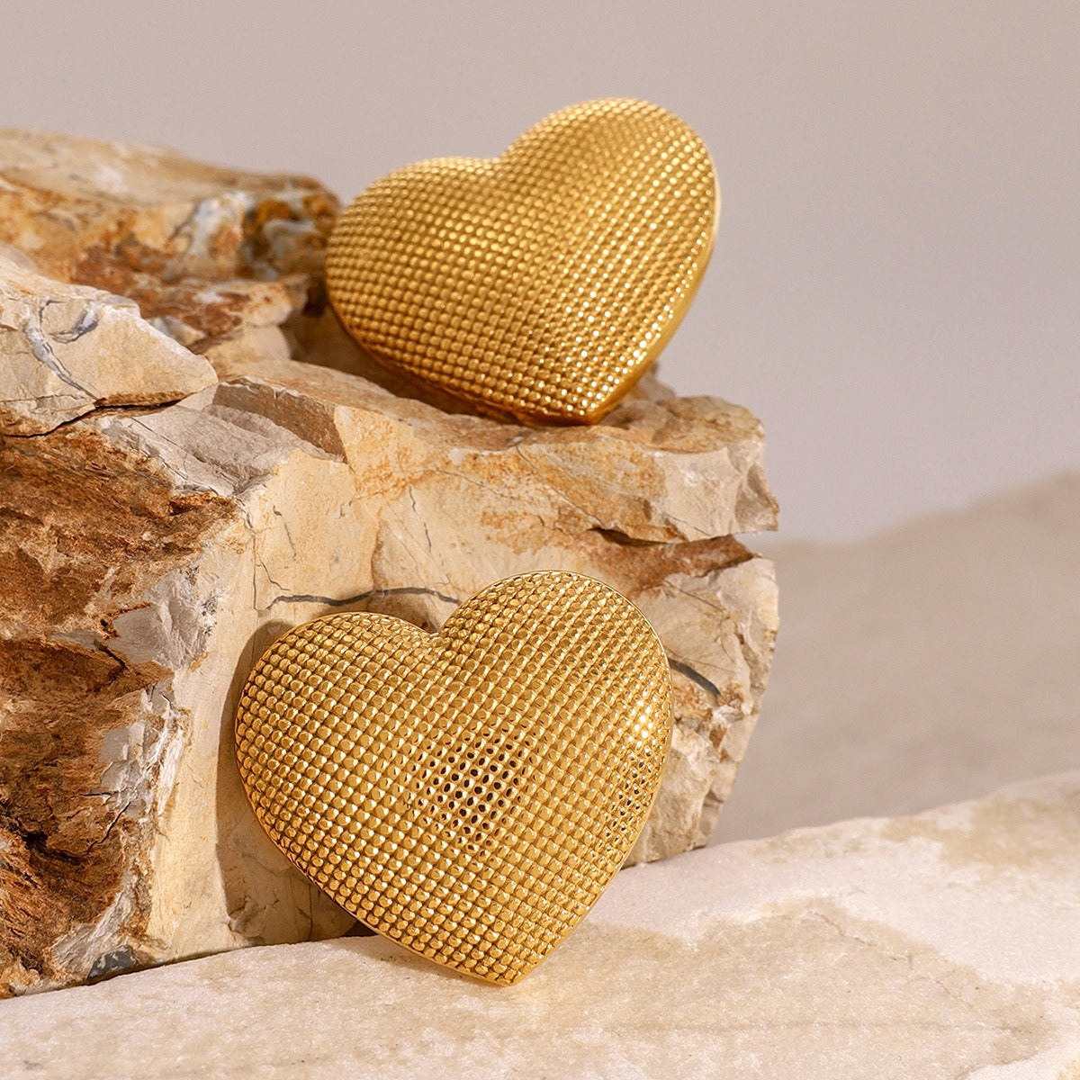 Textured Heart Earrings – 18K Gold Heart-Shaped with Artistic Texture