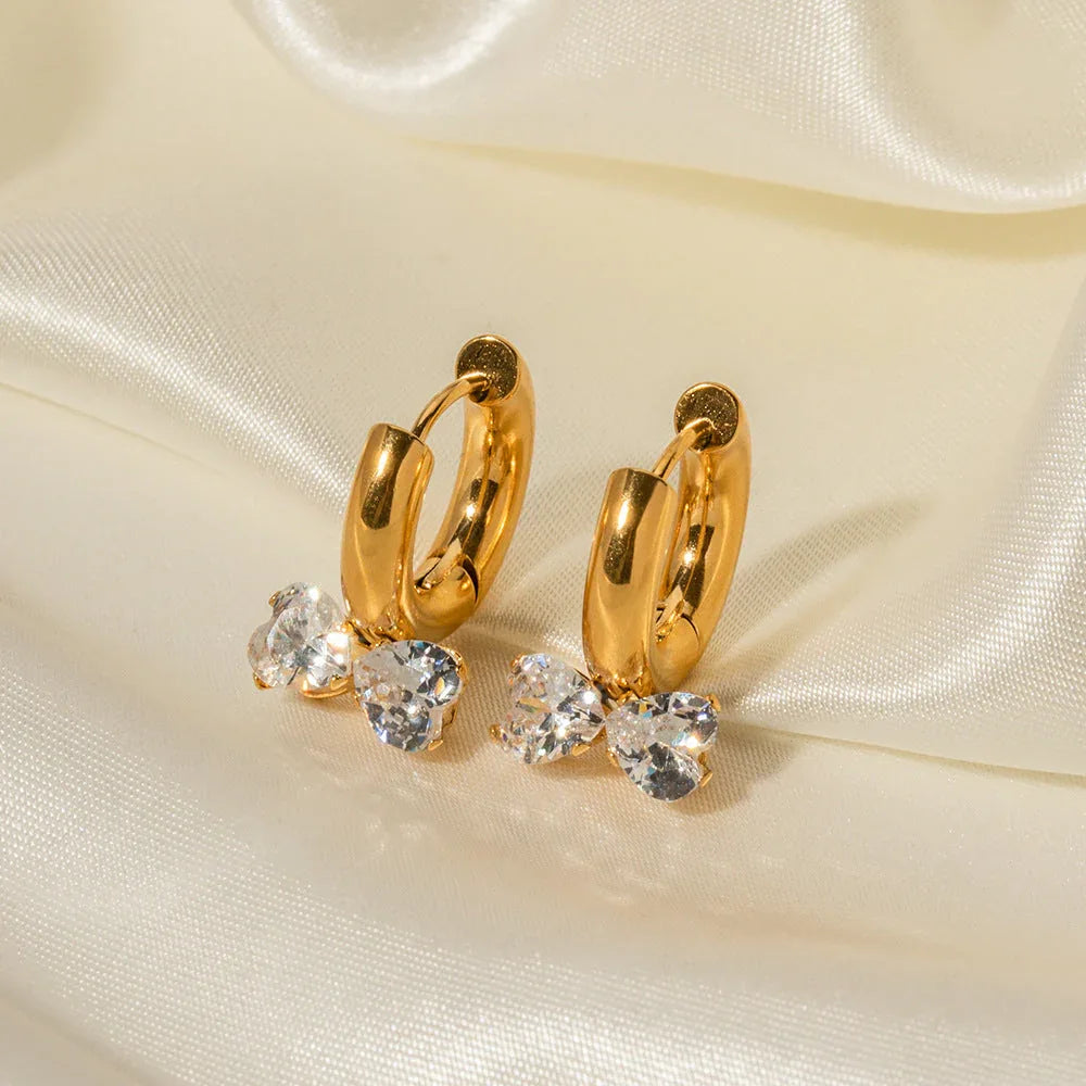 Fashion Novel 18K Gold Double Heart Bow Knot Earrings with Diamonds