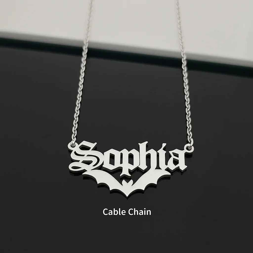 Night Wing Customizable Bat Necklace – S925 Silver with Personalized Name