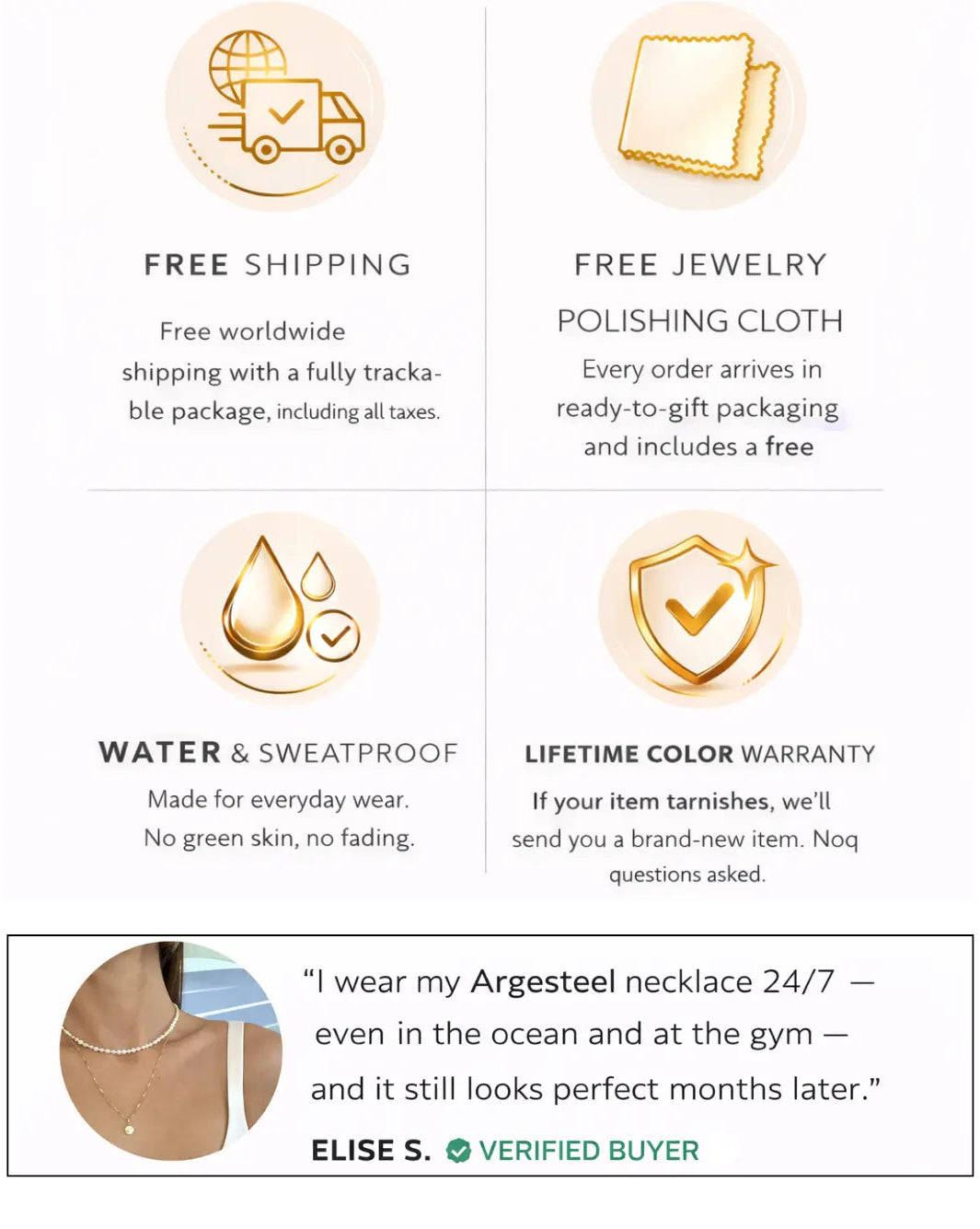 Promotional graphic detailing Argesteel jewelry features and customer testimonial.