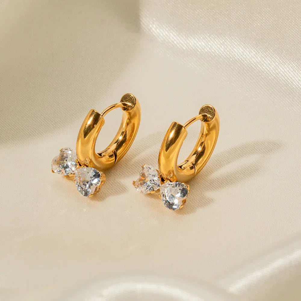 Fashion Novel 18K Gold Double Heart Bow Knot Earrings with Diamonds