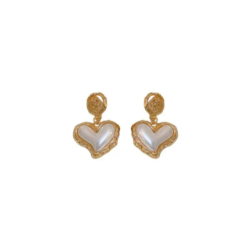 Amour Bloom Gold Heart Flower Earrings - 18K Gold Heart & Flower Pearl Design - Argesteel