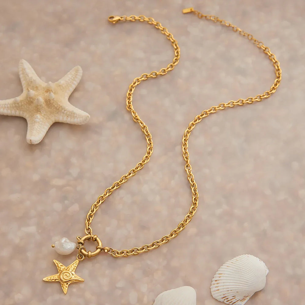 Luxury 18K gold starfish and pearl necklace for women