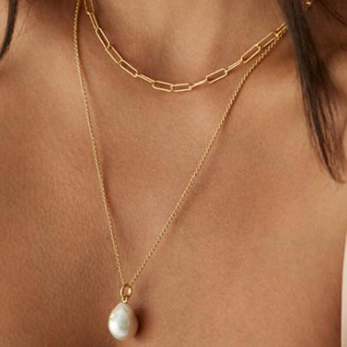 Grace Layers – 18K Gold Double Chain Pearl Necklace – Necklace by Arge Steel