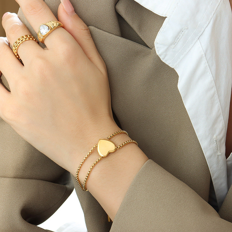 Hearts & Harmony Bracelet – 18K Gold with Peach Heart and Square Accents