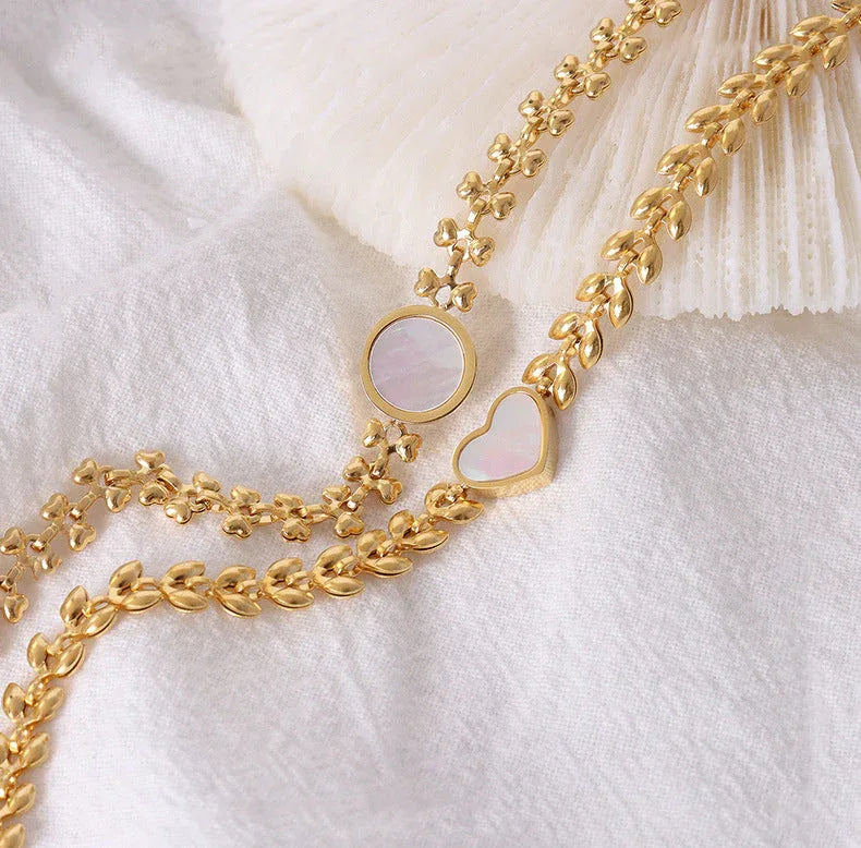 Golden Harvest – Titanium Steel Bracelet with White Seashell & Wheat Design