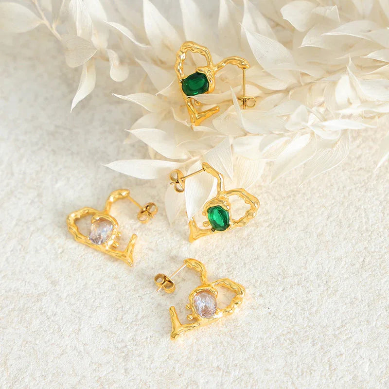 Exquisite Dazzling – 18K Gold Hollow Heart Gemstone Earrings