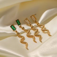 18K gold rectangle drop earrings with snake motif and cubic zirconia accents