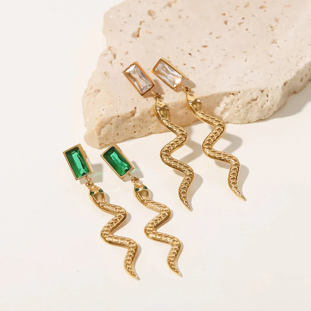 Delicate Edge – 18K Plated Cubic Zirconia Snake Rectangle Drop Earrings