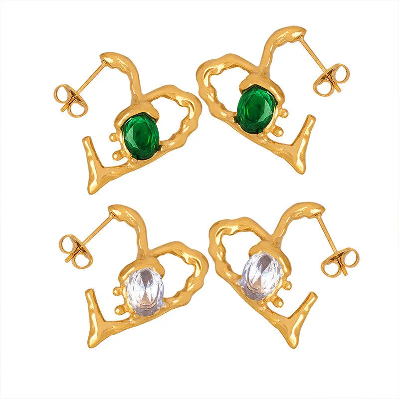 Exquisite Dazzling – 18K Gold Hollow Heart Gemstone Earrings