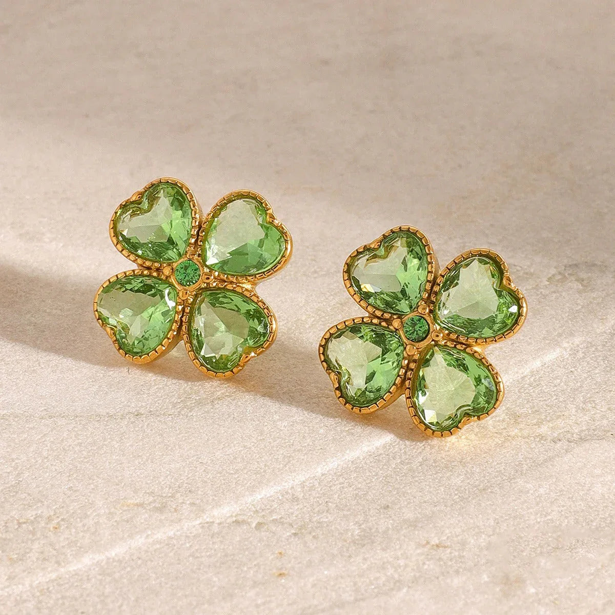 Lucky Bloom – 18K Gold Four-Leaf Clover Earrings with Gemstone Inlay