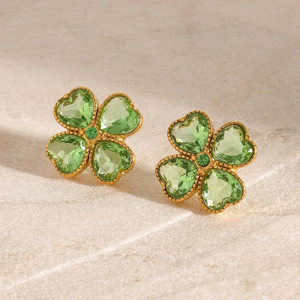 Lucky Bloom – 18K Gold Four-Leaf Clover Earrings with Gemstone Inlay