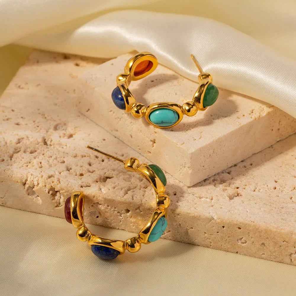 Seraphine C-Hoop Earrings - 18K Gold Classic with Gemstone Elegance