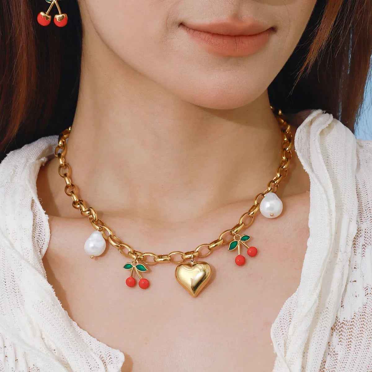 Heart Cherry Pearl Necklace - Elegant 18K Gold Romantic Jewelry