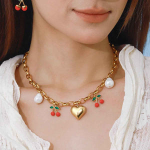 Heart Cherry Pearl Necklace - Elegant 18K Gold Romantic Jewelry