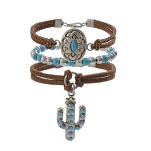 Cactus Tag Bracelet Set – S925 Silver with Imitation Turquoise Design