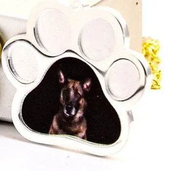 Metal paw-shaped pet tag with a dog's face inside on a white background