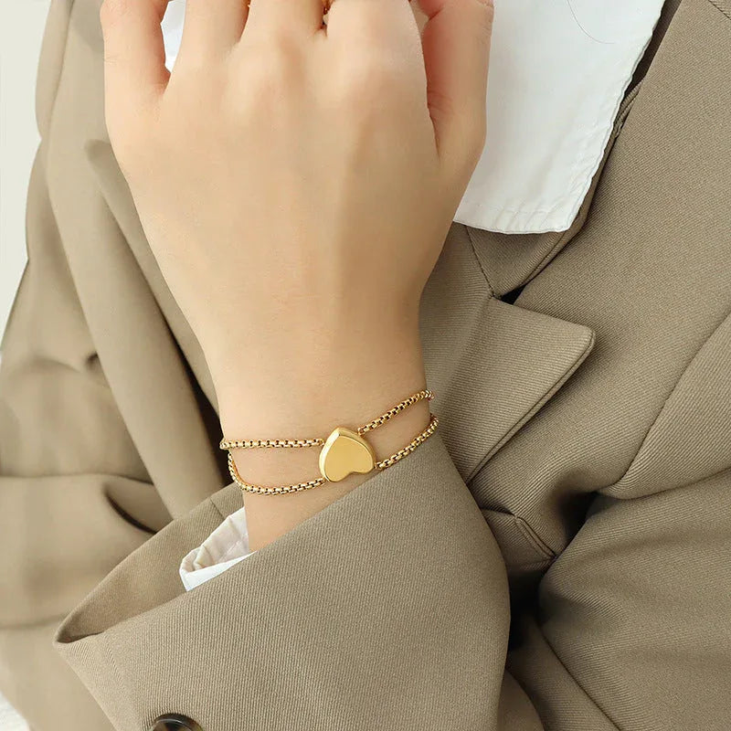 Hearts & Harmony – 18K Gold Peach Heart and Square Motif Bracelet