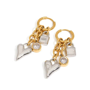 Heart & Lock Chain Earrings – 18K Gold Trendy Mixed-Metal Design