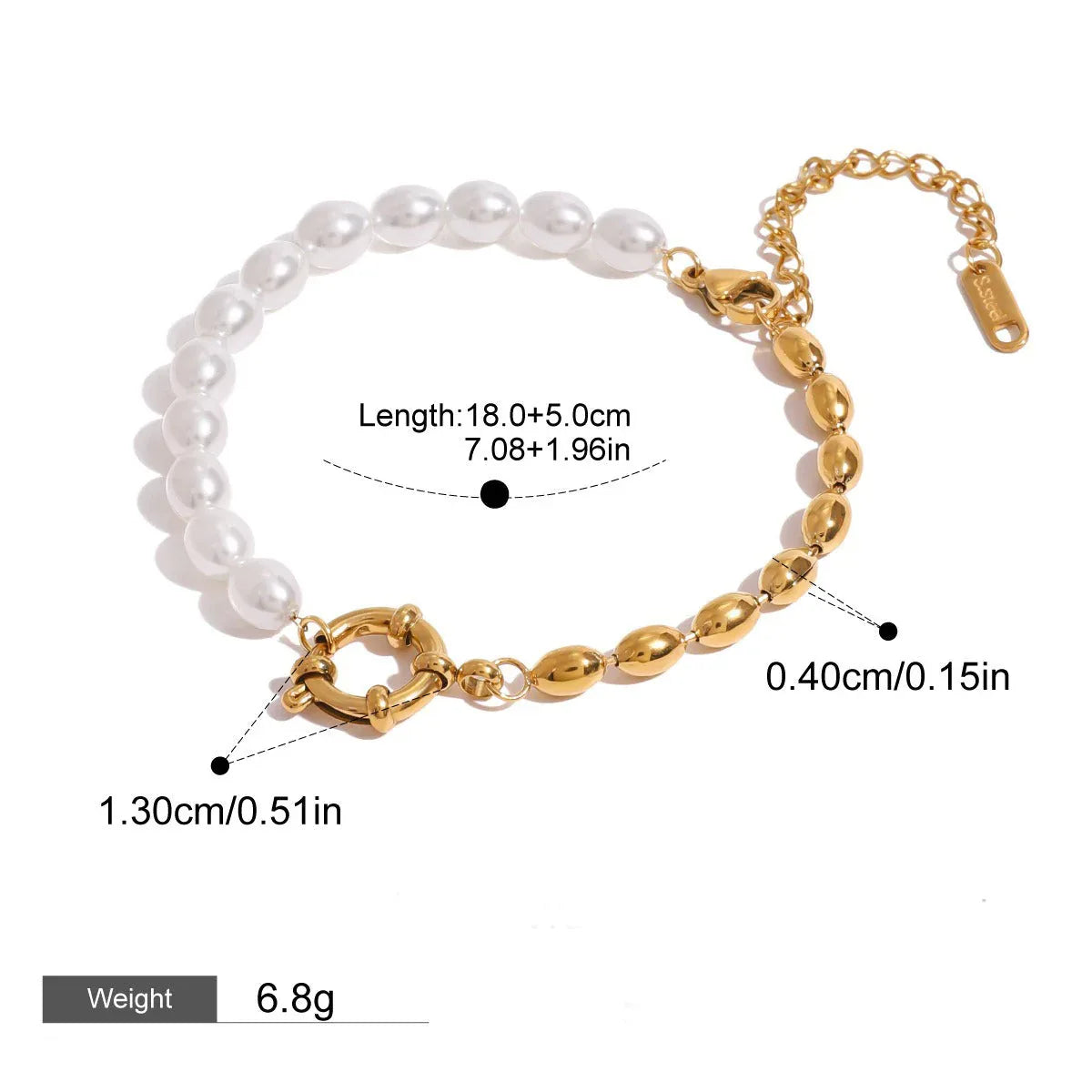 Golden Harmony – 18K Gold Hollow Circle and Pearl Chain Bracelet
