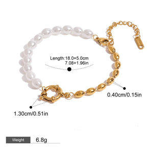 Golden Harmony – 18K Gold Hollow Circle and Pearl Chain Bracelet