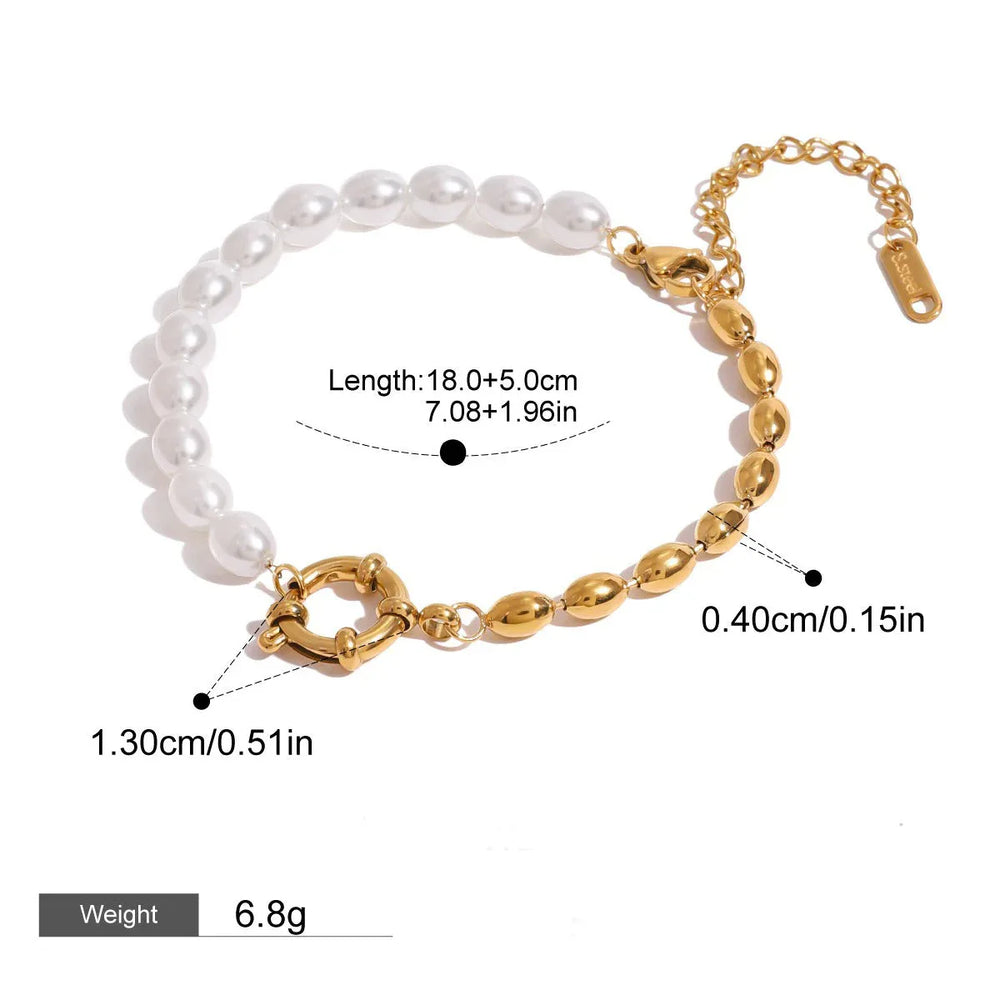 Golden Harmony – 18K Gold Hollow Circle and Pearl Chain Bracelet