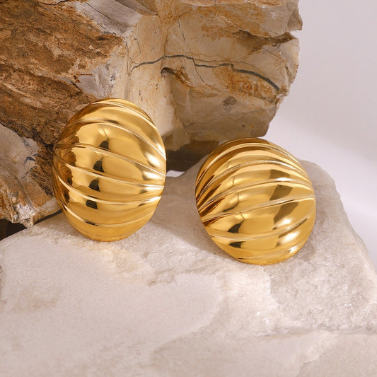 18K Gold Ribbed Oval Earrings for Women - Argesteel